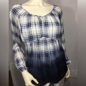 Princess Vera Wang | Ombré Blue & White Plaid Empire Waist Long-sleeve Blouse